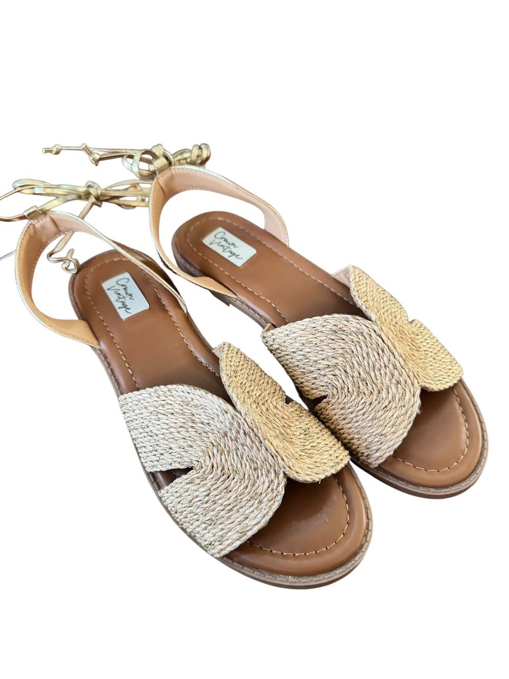 Crown Vintage Raffia Tie Ankle Sandals Women’s 8M Gold Lace-Up Flat Sandals